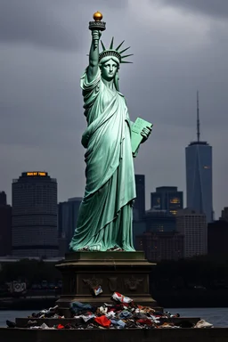the statue of liberty, dress tattered an torn, her face solemn and terse, trash littered at her feet, the skyline dark and grungy