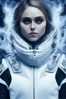 All Black racing suit AnnaSophia Robb, portrait, ghost mask, wearing high tech mask, white smoke, dark, rage, sorrow, high definition, ultra 8 k, volumetric lighting, blue fire, fog