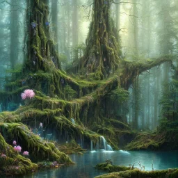 high-quality, fine-detail beautiful, breath-taking forest with gnarled trees, flowers, clear reflective lake, tranquil, stunning, 8k resolution, intricate, digital art, detailed matte, volumetric lighting, George Grie, Anne Dittman, Anne Stokes, Lisa Parker, Selina French, Alphonse Mucha