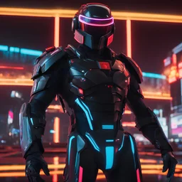 Ares from Tron,MaxTac from Cyberpunk 2077, sleek daft punk helmet and swat black armor with red glowing lights,the background is a neon grid simulation virtual digital world visually stunning realm entirely made of programs and data streams with neon-lit cityscapes built from circuits in the style of ready player one, shallow depth of field, vignette, highly detailed, high budget, bokeh, cinemascope, moody, epic, gorgeous,film grain,grainy,backlit,stylish,elegant,breathtaking, visually rich, epi
