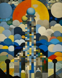 A silver colored sky with geometric clouds designed in ancient Egyptian architectures and sculptures painted by Alexej von Jawlensky