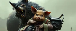 bad hairy chest wolf carrying a lovely scared wtf are you up to, Korean pig girl with dress under his arms, big cauldron in the background in the style of fallout 4