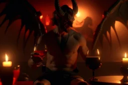 4k full realism, full details, full lights, cupidon buvant un verre de vin avec le diable en enfer