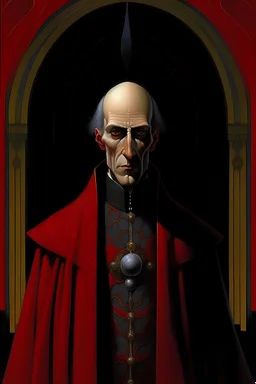 A dark fantasy painting of an old thin man with sharp features and long robes and sunken eyes, bald with a simple crown and long red ornate robes, with technological implants, tall stature with normal features inside a palace 10,000 years in the future,dark fantasy art or sci-fi, 1970s dark fantasy book cover art 70s dark fantasy art, bold colours