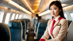 A gorgeous Asian model in an air hostess uniform looking out of the window at sunset