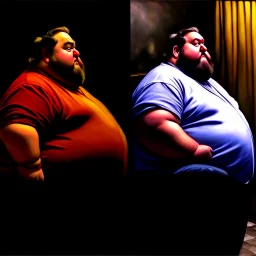 (fineart:1.5, masterpiece1.5) (realism:1.5) award winning picture of award winning fat, beardedd, 'fat man' (watching tv:1.8),, two panels, 50 percent is taken from the pov of the tv, the other 50 pefect is from the point of view of 'fat man', his vision streaks of blue from the tv shining in his eyes, breaking news is on tv