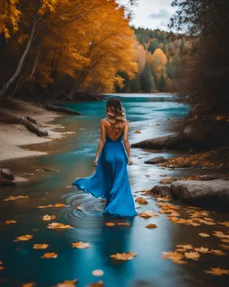 beautiful girl in pretty blue dress walking in water toward camera in trees next to wavy river with clear water and nice sands in floor.camera capture from her full body front,fall environment ,fallen leaves