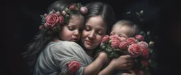 Hyper Realistic 3rd-rule portrait of a mother carrying her child with flowers & roses around them at night in a dark room