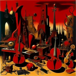 A dark red city filled with instruments painted by Salvador Dali