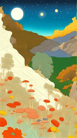 Many colors, peaceful, Egon Schiele, Max Ernst, night sky filled with galaxies and stars, rock formations, trees, flowers, one-line drawing, sharp focus, 8k, deep 3d field, intricate, ornate, one million strokes