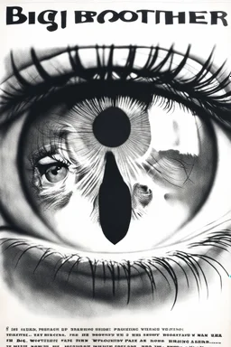 an old poster with the words"BIG BROTHER"(across top), the staring face of a man(middle, facing viewer), text "IS WATCHING"(across bottom), wwii era 1984 propaganda black and white printed poster on old paper