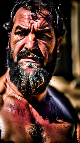 full figure shot photography of a dirty ugly burly stocky angry sweat iranian worker of a mining truck, 48 year old man, hands behind the head relaxing , manly chest, goatee, long hair with ponytail , sitting on an old sofa, boxer, bullneck, big feets, big tights, manly tights, sharp focus, street photo, angry eyes, intricate details, highly detailed, photorealistic, frontal view from the bottom, ambient occlusion