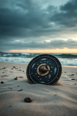 A warrior's bronze shield and helmet resting on a windswept beach at dawn, quiet epic mood.