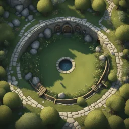 [view from the sky] a Detailed view from above digital illustration. The central focus is a miniature, intricately detailed Miniature Shire hobbit hole [highly detailed, typical medieval heroic fantasy style of Lord of the Rings]