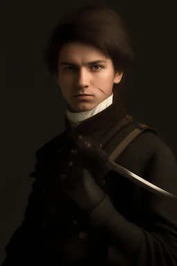 european brown hair young adult royal guard swordsman with rapier dieselpunk