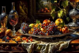 Create a masterpiece an oil painting on cracked canvas: of a Gleaming melting chrome serving tray with spent wine, partially decayed grapes, peaches, oranges, lemon's, walnuts, discarded dry stale bread and mouldy cheese, cloth draped over an old wooden ultra textured table, ultra-realistic portrayal, 8k resolution, rich cool tones, intricate textures, reflections, flawlessly polished exteriors, rule of thirds futuristic concept art of a still life Masterpiece. Modifiers: trending on Artstation