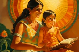 mexican woman and child mother looking at child painting neoclassism whole body zoom the sun smiling