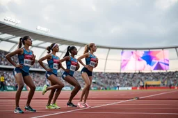 in olympic games a few 100m runner ladyes waiting in start pose to start the game