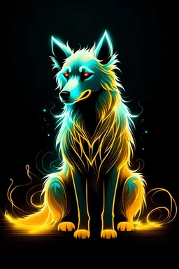 Super cool ghostly spiritual canine with menacing glowing eyes In a dark room. It sits alone staring straightly and deeply at us, it has a painted-anime style.