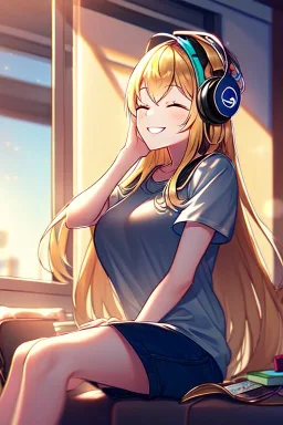 girl, masterpiece, best quality, cinematic lighting, detailed outfit, vibrant colors, perfect eyes, golden hair, long hair, closed eyes, headphones on head, listening to music, smile, sitting, indoors, god rays, casual clothes,