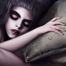 woman sleeping on satin pillow with spiderwebs covering face, goth, mascara running down cheeks, 8k, high-quality, fine-detail, intricate, sharp, crisp, digital art, detailed matte, illustration, octane render, brian froud, howard lyon, Anne Dittman, Anne Stokes, Lisa Parker, Selina French