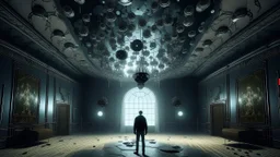 The image depicts a surreal, unsettling interior space characterized by concrete walls with numerous large holes. A figure stands in the center, facing away from the viewer. Various hands emerge from the holes, and a chandelier hangs from the ceiling, adding an eerie contrast to the stark environment. The floor is reflective, enhancing the surreal atmosphere of the scene.