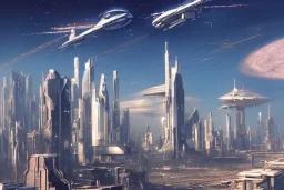 A Spaceship is taking off,Space Center on a heavy industrialized planet with a futuristic city in the background, (retrofuturistic:2), art by John Berkey, (((buildings with glass facades))), brutalist architecture, insanely detailed, vibrant, 8k uhd, cinematic atmosphere, ultra-wide angle, street level view, brush strokes, blue sky with clouds, sharp focus