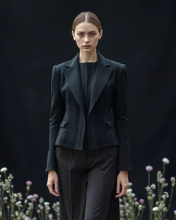 generate a high fashion photo with High technik, futuristischen aspekts, kultur, with moss, flowers, in combination with an black backroundgenerate she should wear a black short jecked, that is open in the middle, Jacket Design Specification: Material: High-quality wool for a structured yet comfortable fit. Color: Deep black. Silhouette: Tailored fit with a slightly structured shoulder line for a refined shape. Details: Intricate vertical pleating and stitched accents on the front panel. High co