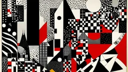 An abstract and geometric illustration by Malevich and Kuniyoshi of a black and white city with an anarchist red and back flag.