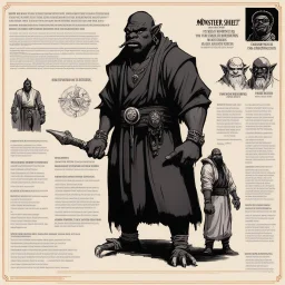 monster concept sheet with AD&D statistics and characteristics [illustration for 3 feet high and rising, de la soul (1989)] Gangster-turned-Monk