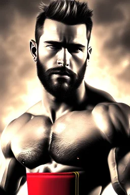 Ignore NSFW, teenager young rugged attractive slightly muscular fantastic handsome man, red briefs with yellow belt, hairy chest, (((visibly pisssing))) briefs, large erect visible boner peniss, photorealistic, artist Jay Anacleto, soft lighting, scruffy beard