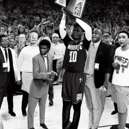 Jalen Brunsen winning the NBA finals at Madison Square Garden and holding the MVP trophy above his head