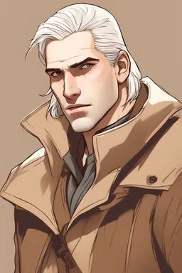 an illustration of young geralt from the witcher wearing a brown trench coat