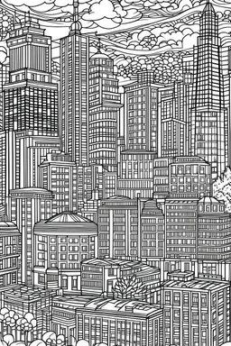 outline art for cities coloring pages for adults with big city, white background, Sketch styl, only use outline. Mandala style, clean line art, no shadows and clear and well outlined, Intricate Patterns and Details