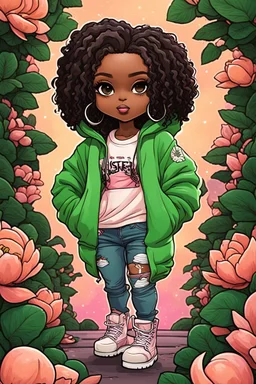 Create an colorful psychedelic comic book illustration of a chibi cartoon black female thick curvy wearing a cut of green and peach hoodie and white jeans and timberland boots. Prominent make up with long lashes and hazel eyes. Highly detailed shiny sister locs. Background of a large peach and green magnolia flowers all around her