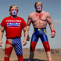 Realistic image of Donald trump wrestler, Mexican wrestling style, eyes mask, red and blue breeches, glow confederate flag dress, suspenders, retro style, 80s, vibrant color, highly detailed, sky background, concept art, unreal engine 5, god rays, ray tracing, RTX, lumen lighting, ultra detail, volumetric lighting, 3d, finely drawn, high definition, high resolution.