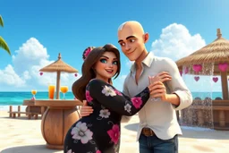 3D video game characters, a brown-haired blue-eyed plus sized woman in a black dress with white and pink flowers hugging a bald silver haired thin man with brown eyes, wearing white shirt and jeans at the beach in sunshine, tiki bar, cocktails, hearts, waterfall, happiness