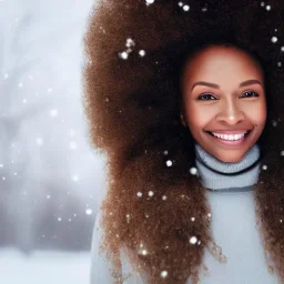 Futuristic Portrait of a black woman with realistic facial features, perfect smile, and brown coily hair in winter wonderland