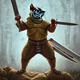 highly detailed and realistic squirrel, dressed as a medival soilder with sword and shield, guarding his nuts high detail, realism, vibrant colours, graffiti accents, complementary colours, splash art, perfect composition, beautiful detailed intricate insanely detailed octane render trending on artstation, 8 k artistic photography, photorealistic concept art, soft natural volumetric cinematic perfect light, chiaroscuro, award - winning photograph, masterpiece, oil on canvas, raphael, caravaggio