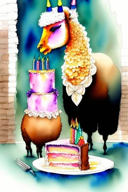 Two lamas are having a birthday cake. Watercolour