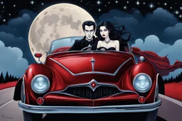 close up illustration from a surreal comics caracter vampire couple (pale skin, dark hair, black-dark red nice gothic clohts) riding a sport coupe car, driving toward you in Summer night,they looking at camera, Tim Burtron and El Kazovszkij style , blue sky with moon and stars. They driving down a surrreal crepy stunning scenic , surrounded by black trees siluette, high detailed, cold silver and dark colors, intricate details, beautifull shot, pale lights, surreal mood, anime, cinematic