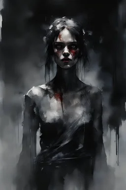 A stern warrior-woman, in an ancient dungeon, broken columns, smoky lamps, semi-darkness, horror and fear, dark tones, cold colors, by Agnes Cecile