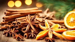 Traditional Christmas spices and dried orange slices on holiday bokeh background with defocus lights. Cinnamon sticks, star anise, pine cones and cloves. Christmas Spices Decoration
