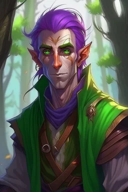 male wood elf, rogue, copper skin, bright green eyes, purple hair, skinny, trees