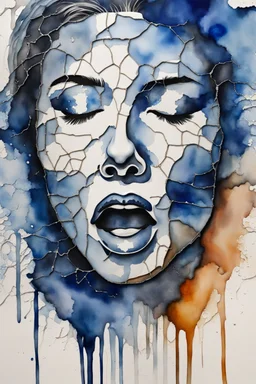 watercolor portrait from blue and silver colors chipped, cracked porcelain human face with closed eyes and screaming mouth, high detalied, sharpen, crepy stunning, paint with fine line art, cinematic, blur background