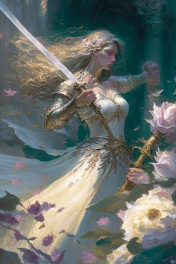 Without a moment's hesitation, Agatha, wielding her sword adorned with carved flowers, seized the opportunity. With a swift and precise movement, she struck beneath the tyrant's shoulder, piercing through his defenses and driving him to his knees.