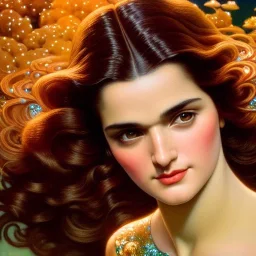 young Rachel Weisz sits by the goldfish pond, lotus, detailed face, long brown wavy hair; by gaspar camps, maxfield parrish, alphonse mucha, cyril rolando, dan mumford; luminous colorful sparkles, glitter, airbrush, octane render, volumetric lighting, Hyperdetailed oil on canvas