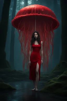 tall slim woman in a red dress, in a forest, holding an umbrella made from a jellyfish, detailed matte painting, deep colour, fantastical, intricate detail, splash screen, complementary colours, fantasy concept art, 8k resolution, Unreal Engine 5