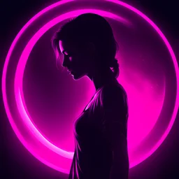 (silhouette:1), ((young woman stoya)), dark background, blacklight, mid shot, full body, somber expression, looking down, dark energy, vibrant magenta, portal to another world, flat color, flat shading, ultra realistic, highres, superb, 8k wallpaper, extremely detailed, intricate, limited palette, pink,