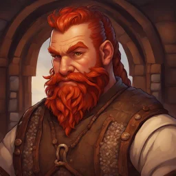 Dnd, fantasy, portrait, only face, dwarf, blacksmith, a medieval mosaic, kind, hearthy, red hair, braided beard